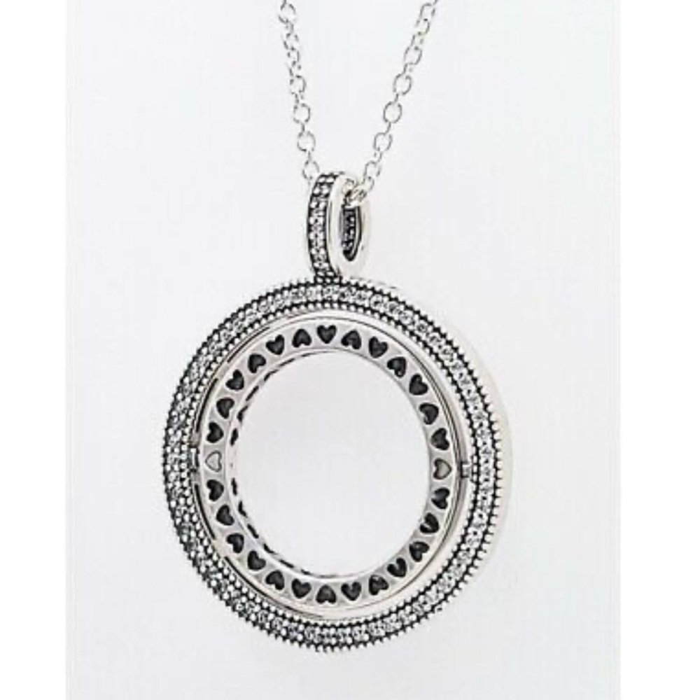 AUTHENTIC PANDORA 925 STERLING SILVER LOGO CIRCLE NECKLACE HEARTS CZ SPINNING